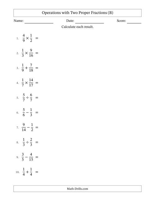 The Operations with Two Proper Fractions with Similar Denominators, Proper Fractions Results and All Simplifying (B) Math Worksheet
