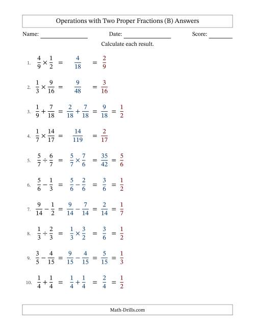 The Operations with Two Proper Fractions with Similar Denominators, Proper Fractions Results and All Simplifying (B) Math Worksheet Page 2