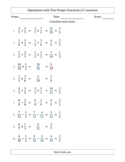The Operations with Two Proper Fractions with Similar Denominators, Proper Fractions Results and All Simplifying (C) Math Worksheet Page 2