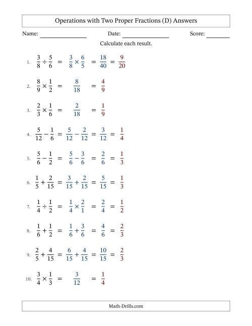 The Operations with Two Proper Fractions with Similar Denominators, Proper Fractions Results and All Simplifying (D) Math Worksheet Page 2