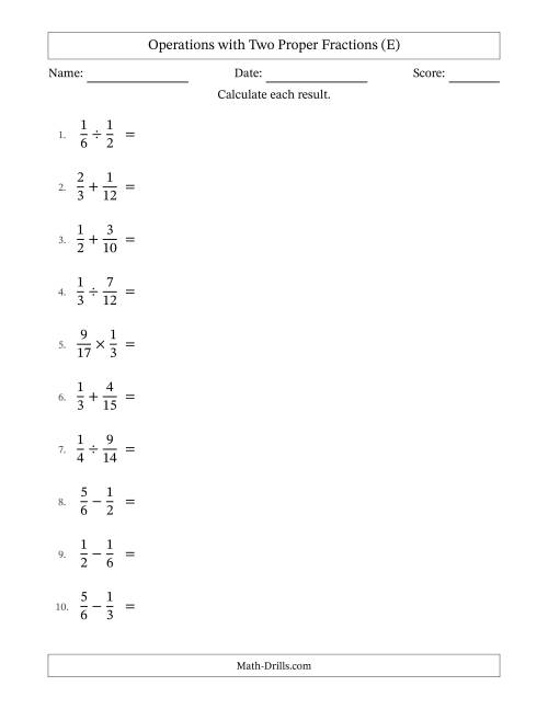 The Operations with Two Proper Fractions with Similar Denominators, Proper Fractions Results and All Simplifying (E) Math Worksheet
