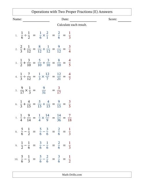 The Operations with Two Proper Fractions with Similar Denominators, Proper Fractions Results and All Simplifying (E) Math Worksheet Page 2