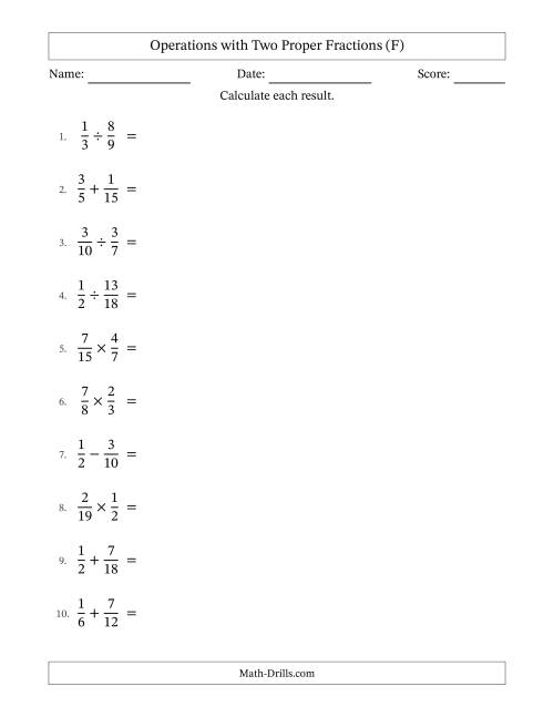 The Operations with Two Proper Fractions with Similar Denominators, Proper Fractions Results and All Simplifying (F) Math Worksheet