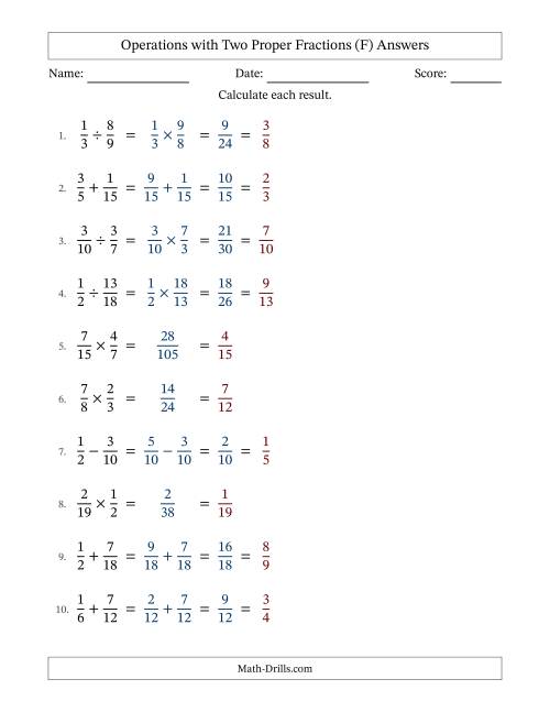 The Operations with Two Proper Fractions with Similar Denominators, Proper Fractions Results and All Simplifying (F) Math Worksheet Page 2