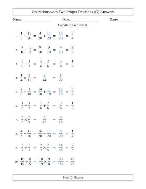 The Operations with Two Proper Fractions with Similar Denominators, Proper Fractions Results and All Simplifying (G) Math Worksheet Page 2