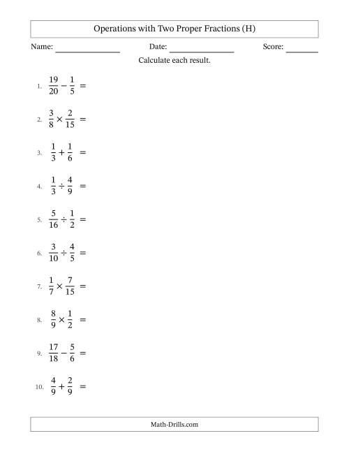 The Operations with Two Proper Fractions with Similar Denominators, Proper Fractions Results and All Simplifying (H) Math Worksheet