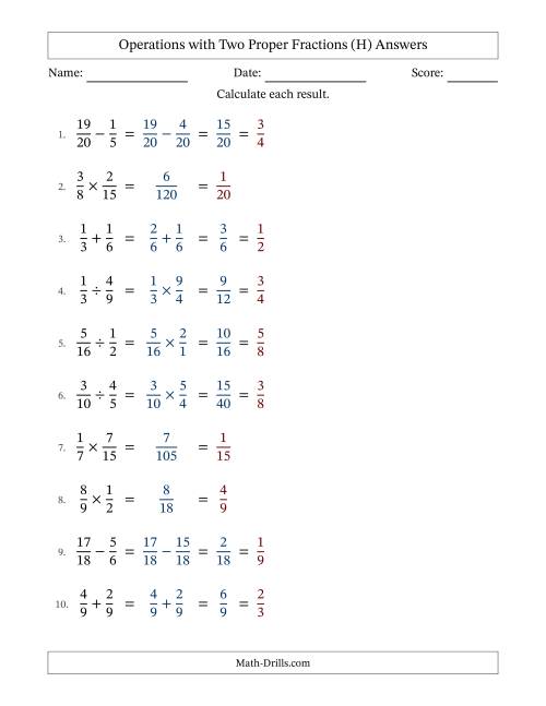 The Operations with Two Proper Fractions with Similar Denominators, Proper Fractions Results and All Simplifying (H) Math Worksheet Page 2