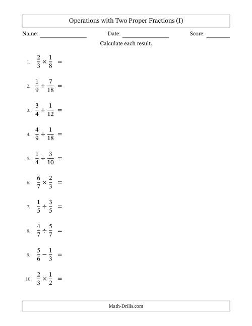 The Operations with Two Proper Fractions with Similar Denominators, Proper Fractions Results and All Simplifying (I) Math Worksheet