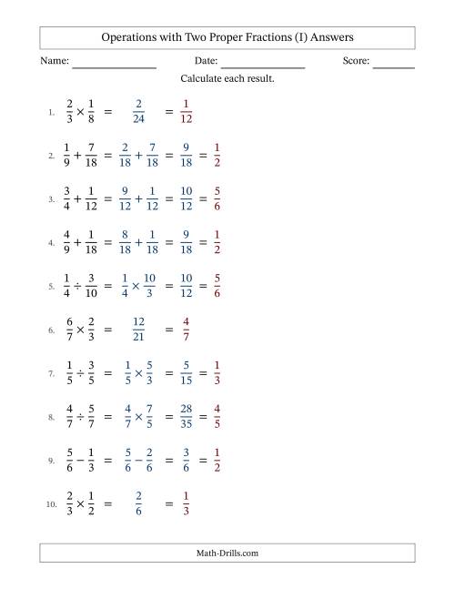The Operations with Two Proper Fractions with Similar Denominators, Proper Fractions Results and All Simplifying (I) Math Worksheet Page 2