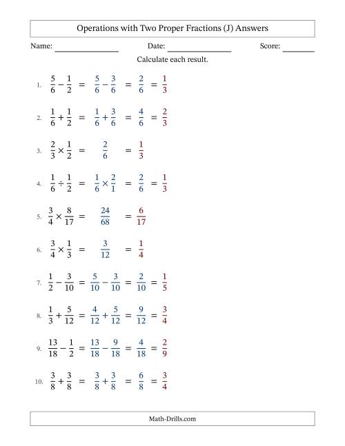 The Operations with Two Proper Fractions with Similar Denominators, Proper Fractions Results and All Simplifying (J) Math Worksheet Page 2