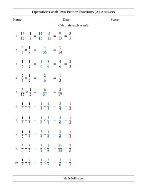 The Operations with Two Proper Fractions with Similar Denominators, Proper Fractions Results and All Simplifying (All) Math Worksheet Page 2