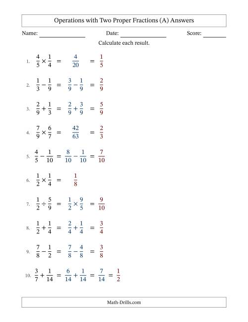 The Operations with Two Proper Fractions with Similar Denominators, Proper Fractions Results and Some Simplifying (A) Math Worksheet Page 2