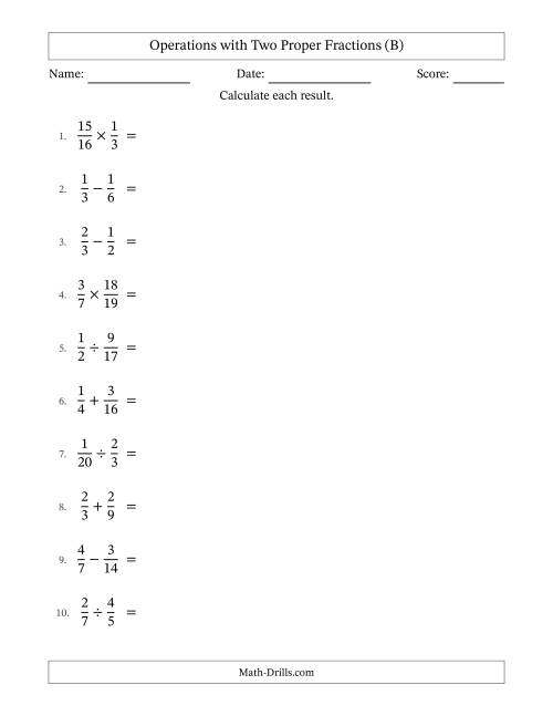 The Operations with Two Proper Fractions with Similar Denominators, Proper Fractions Results and Some Simplifying (B) Math Worksheet