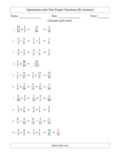 The Operations with Two Proper Fractions with Similar Denominators, Proper Fractions Results and Some Simplifying (B) Math Worksheet Page 2