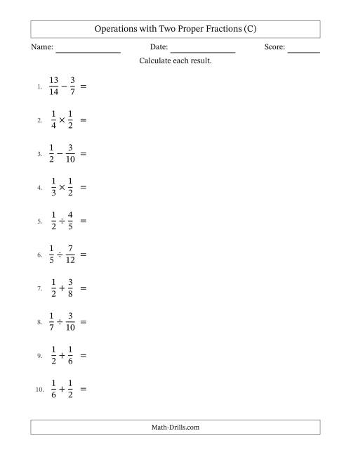 The Operations with Two Proper Fractions with Similar Denominators, Proper Fractions Results and Some Simplifying (C) Math Worksheet