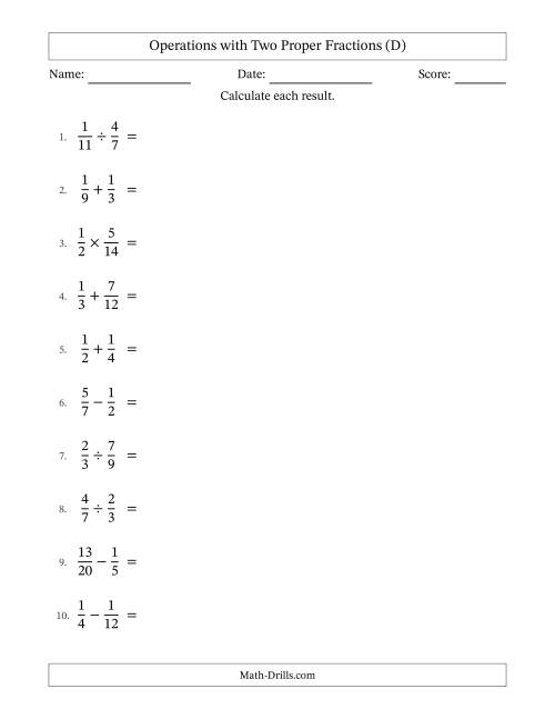 The Operations with Two Proper Fractions with Similar Denominators, Proper Fractions Results and Some Simplifying (D) Math Worksheet