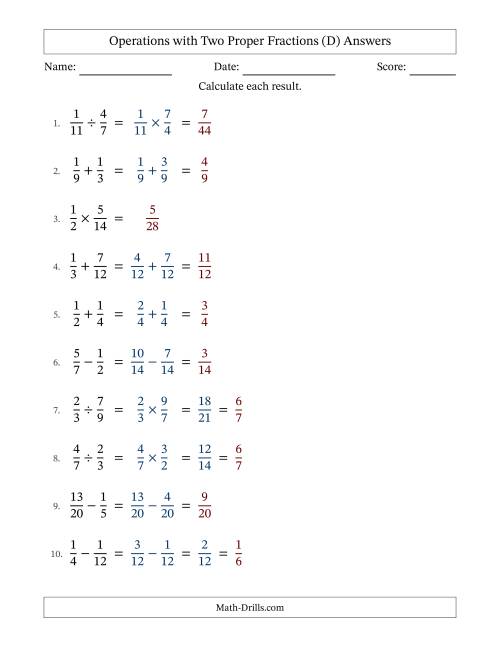 The Operations with Two Proper Fractions with Similar Denominators, Proper Fractions Results and Some Simplifying (D) Math Worksheet Page 2