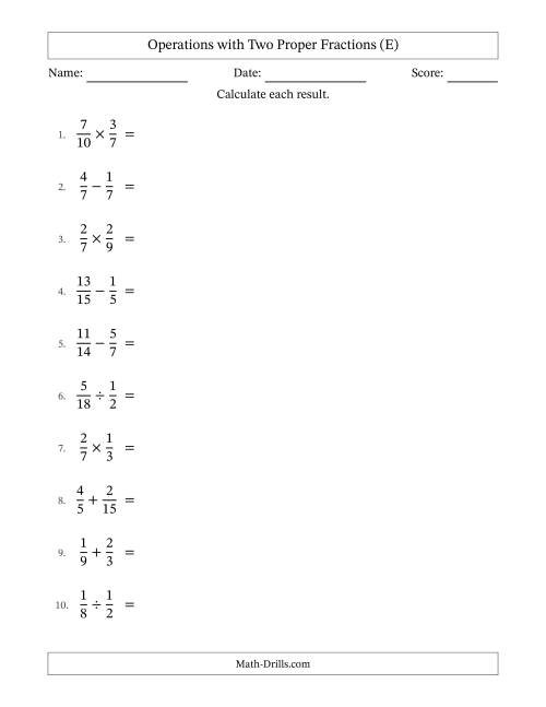 The Operations with Two Proper Fractions with Similar Denominators, Proper Fractions Results and Some Simplifying (E) Math Worksheet