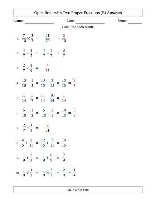 The Operations with Two Proper Fractions with Similar Denominators, Proper Fractions Results and Some Simplifying (E) Math Worksheet Page 2
