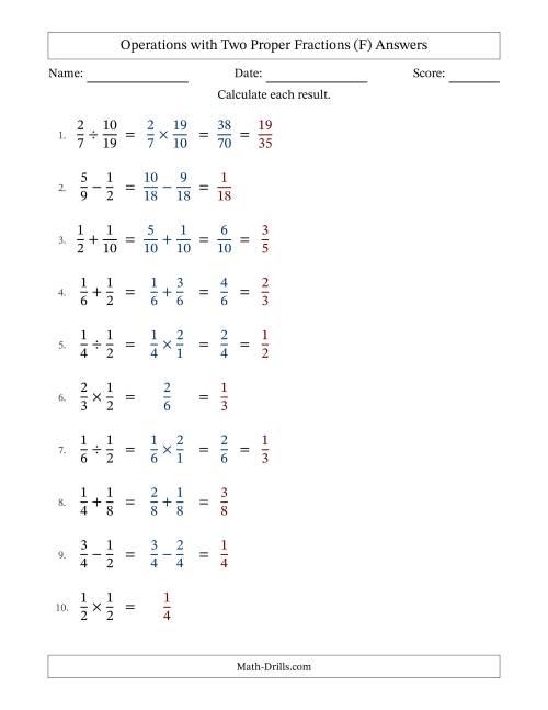The Operations with Two Proper Fractions with Similar Denominators, Proper Fractions Results and Some Simplifying (F) Math Worksheet Page 2