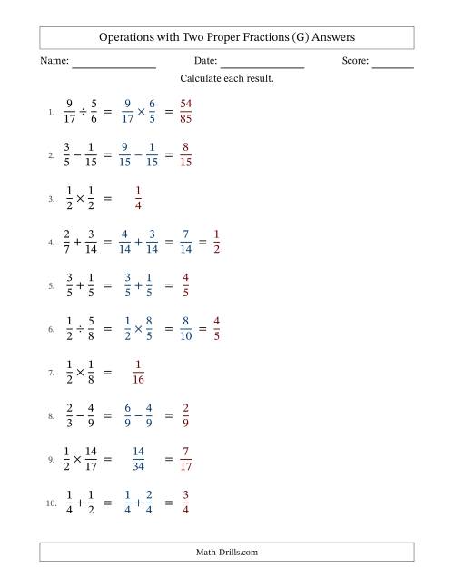 The Operations with Two Proper Fractions with Similar Denominators, Proper Fractions Results and Some Simplifying (G) Math Worksheet Page 2