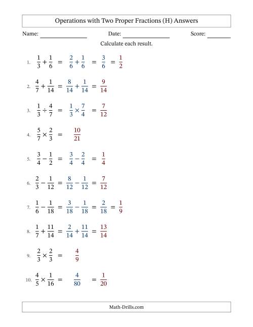 The Operations with Two Proper Fractions with Similar Denominators, Proper Fractions Results and Some Simplifying (H) Math Worksheet Page 2