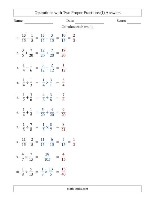 The Operations with Two Proper Fractions with Similar Denominators, Proper Fractions Results and Some Simplifying (I) Math Worksheet Page 2