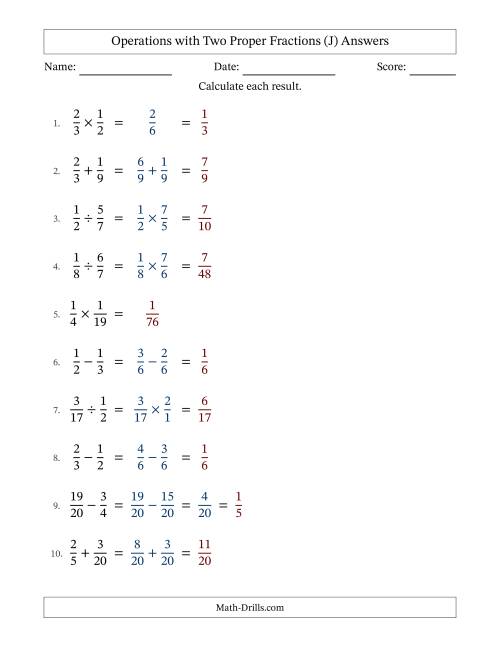 The Operations with Two Proper Fractions with Similar Denominators, Proper Fractions Results and Some Simplifying (J) Math Worksheet Page 2
