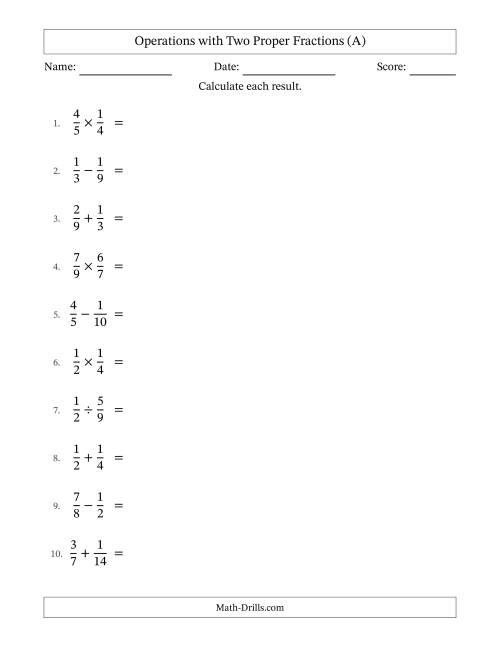 The Operations with Two Proper Fractions with Similar Denominators, Proper Fractions Results and Some Simplifying (All) Math Worksheet
