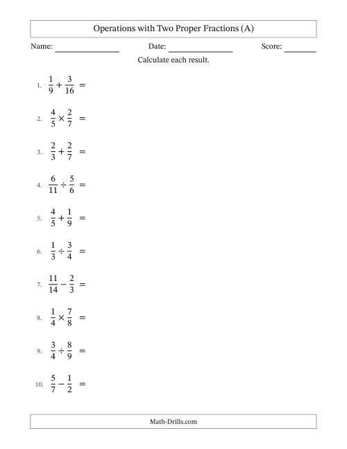 The Operations with Two Proper Fractions with Unlike Denominators, Proper Fractions Results and No Simplifying (A) Math Worksheet