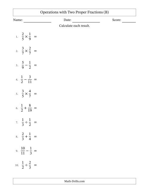 The Operations with Two Proper Fractions with Unlike Denominators, Proper Fractions Results and No Simplifying (B) Math Worksheet