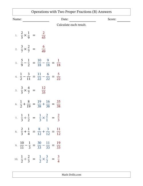 The Operations with Two Proper Fractions with Unlike Denominators, Proper Fractions Results and No Simplifying (B) Math Worksheet Page 2
