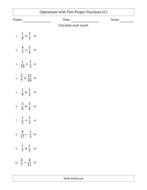 The Operations with Two Proper Fractions with Unlike Denominators, Proper Fractions Results and No Simplifying (C) Math Worksheet