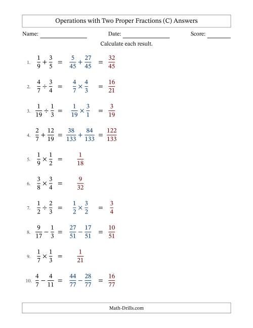 The Operations with Two Proper Fractions with Unlike Denominators, Proper Fractions Results and No Simplifying (C) Math Worksheet Page 2