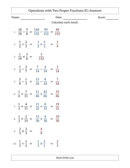 The Operations with Two Proper Fractions with Unlike Denominators, Proper Fractions Results and No Simplifying (E) Math Worksheet Page 2