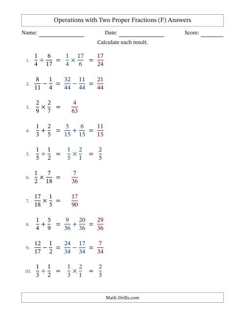 The Operations with Two Proper Fractions with Unlike Denominators, Proper Fractions Results and No Simplifying (F) Math Worksheet Page 2