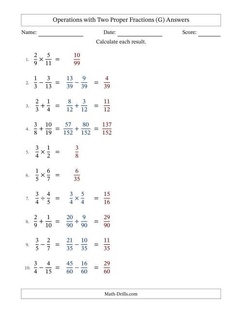The Operations with Two Proper Fractions with Unlike Denominators, Proper Fractions Results and No Simplifying (G) Math Worksheet Page 2