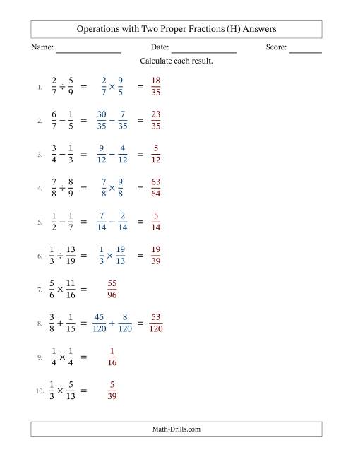 The Operations with Two Proper Fractions with Unlike Denominators, Proper Fractions Results and No Simplifying (H) Math Worksheet Page 2