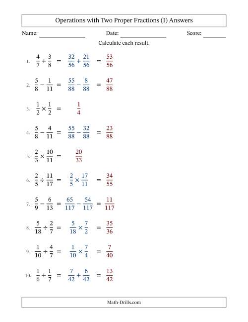 The Operations with Two Proper Fractions with Unlike Denominators, Proper Fractions Results and No Simplifying (I) Math Worksheet Page 2