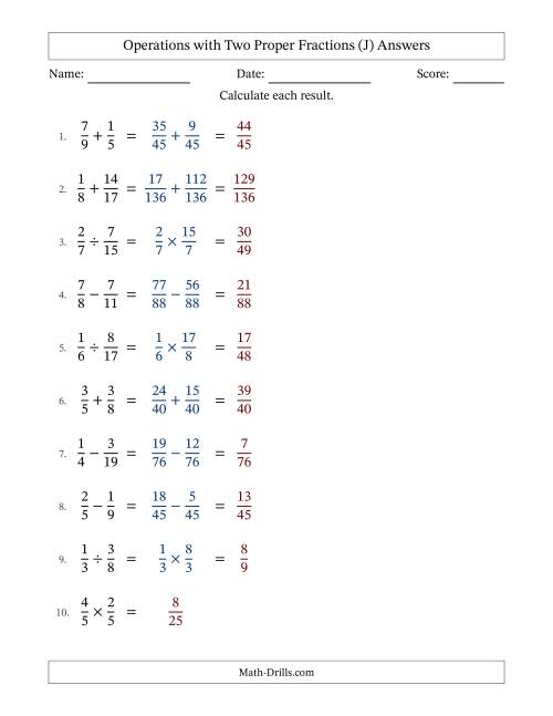 The Operations with Two Proper Fractions with Unlike Denominators, Proper Fractions Results and No Simplifying (J) Math Worksheet Page 2