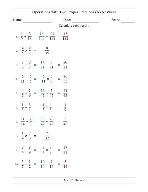 The Operations with Two Proper Fractions with Unlike Denominators, Proper Fractions Results and No Simplifying (All) Math Worksheet Page 2