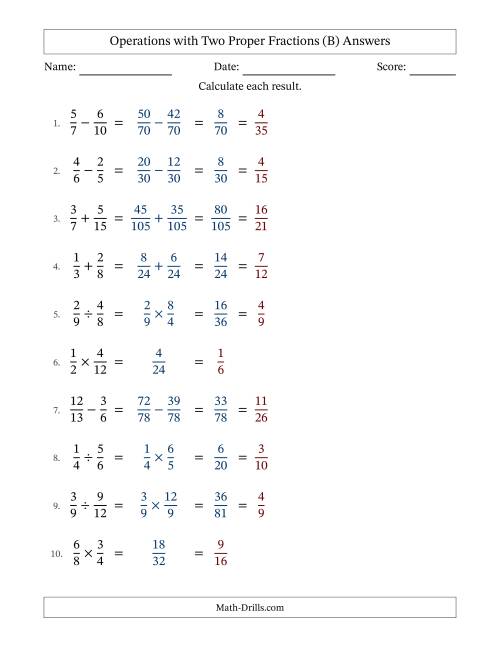 The Operations with Two Proper Fractions with Unlike Denominators, Proper Fractions Results and All Simplifying (B) Math Worksheet Page 2
