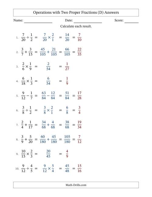 The Operations with Two Proper Fractions with Unlike Denominators, Proper Fractions Results and All Simplifying (D) Math Worksheet Page 2