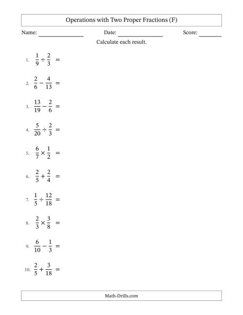 The Operations with Two Proper Fractions with Unlike Denominators, Proper Fractions Results and All Simplifying (F) Math Worksheet