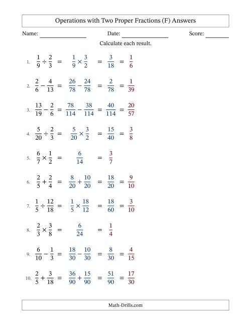 The Operations with Two Proper Fractions with Unlike Denominators, Proper Fractions Results and All Simplifying (F) Math Worksheet Page 2
