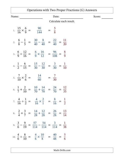 The Operations with Two Proper Fractions with Unlike Denominators, Proper Fractions Results and All Simplifying (G) Math Worksheet Page 2