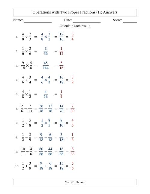 The Operations with Two Proper Fractions with Unlike Denominators, Proper Fractions Results and All Simplifying (H) Math Worksheet Page 2