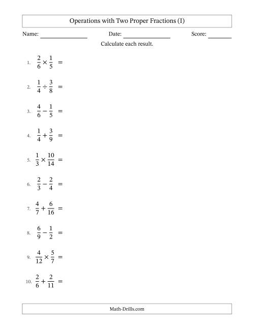 The Operations with Two Proper Fractions with Unlike Denominators, Proper Fractions Results and All Simplifying (I) Math Worksheet