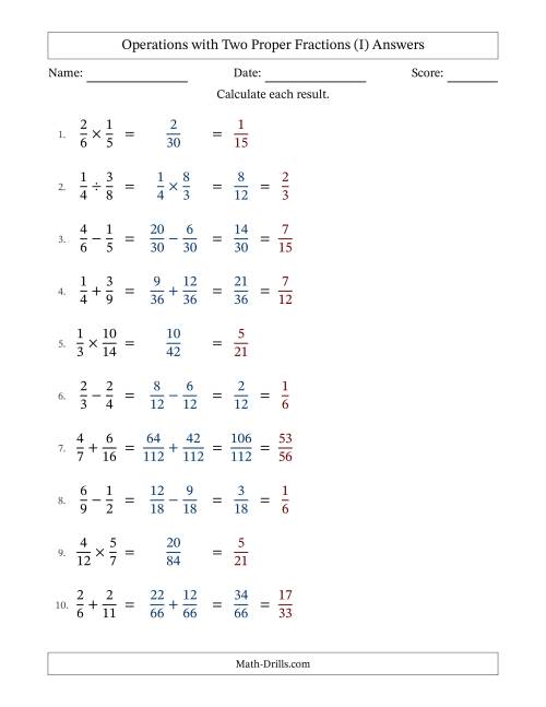 The Operations with Two Proper Fractions with Unlike Denominators, Proper Fractions Results and All Simplifying (I) Math Worksheet Page 2