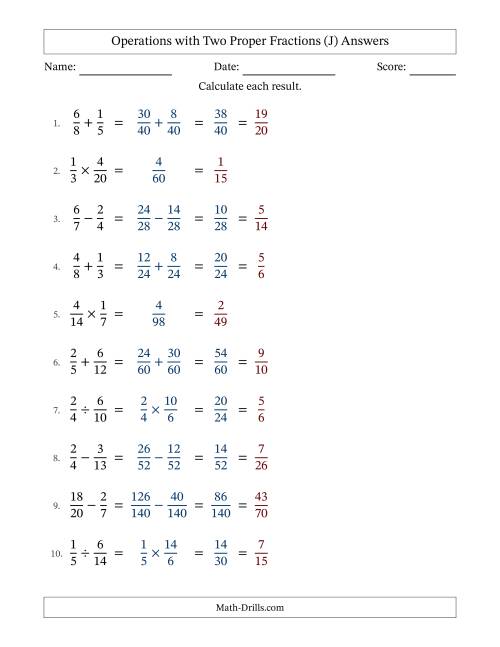 The Operations with Two Proper Fractions with Unlike Denominators, Proper Fractions Results and All Simplifying (J) Math Worksheet Page 2